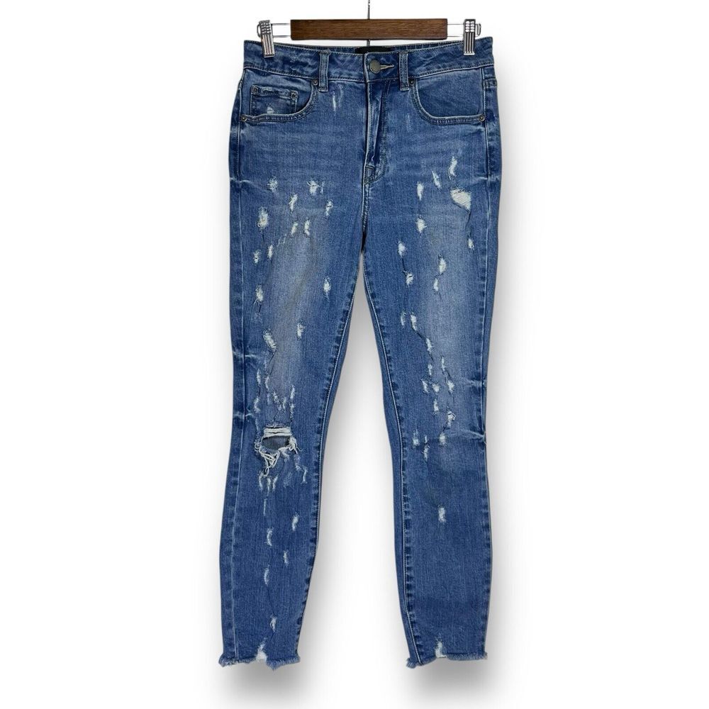 Decjuba Moth Jeans | Womens Size 10 | Cropped Stretch Denim Distressed Raw Hem